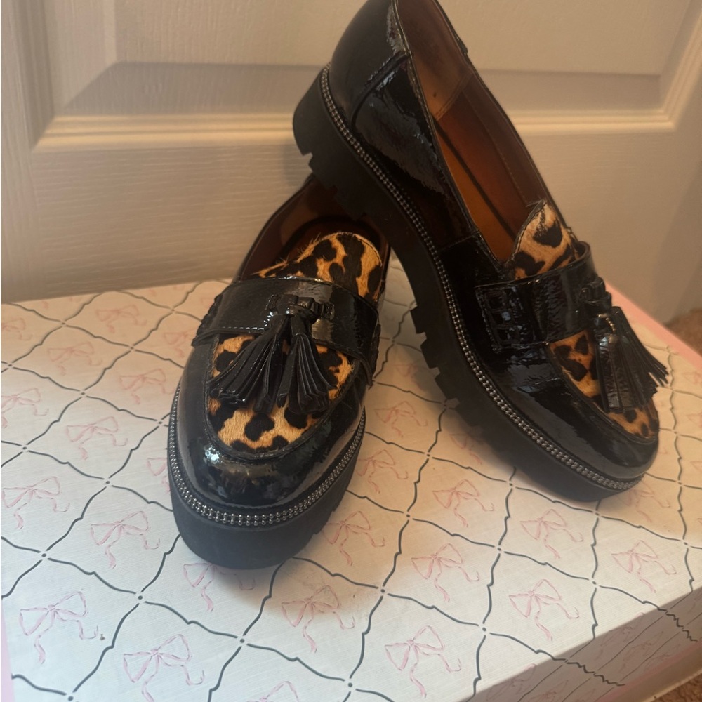 Franco Sarto Black Patent Loafers with Leopard Accent